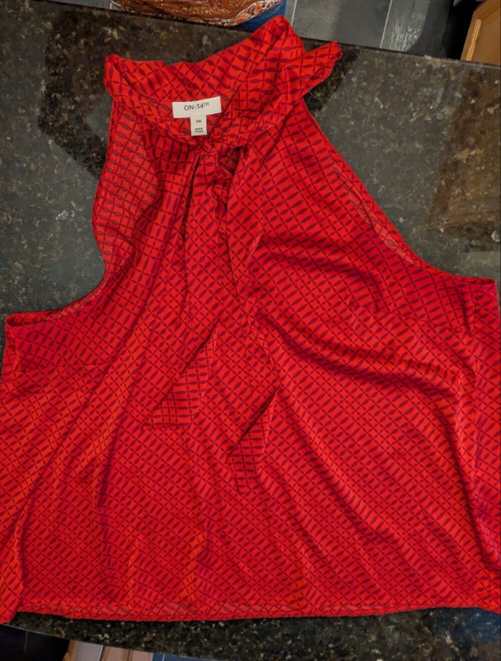 Geometric Red Silky Blouse Fall Holiday Tie Neck Flowy On 34th Macy's